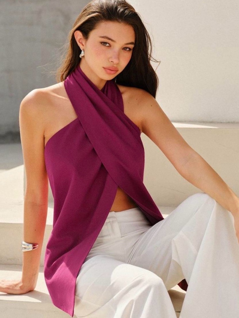 Commense Halter Cross-Front Top - Plum XL NWT